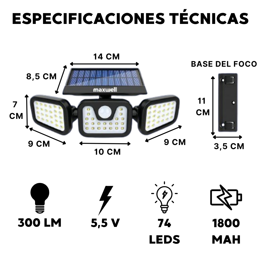 Foco Solar Exterior LED con Sensor de Movimiento – 3 Paneles 270°