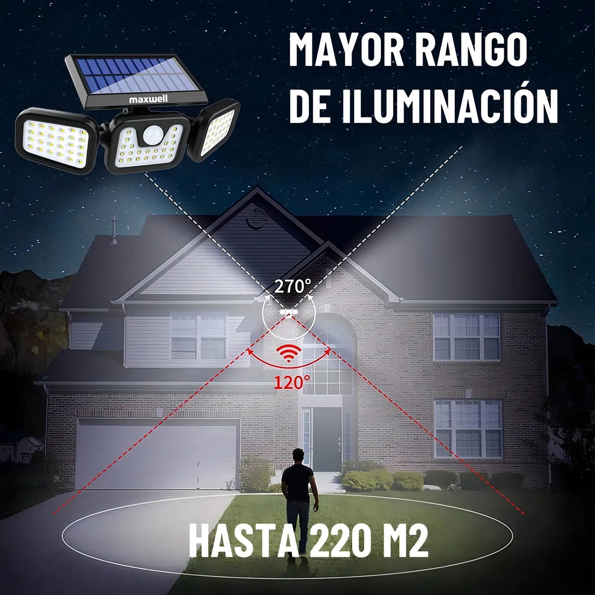 Foco Solar Exterior LED con Sensor de Movimiento – 3 Paneles 270°